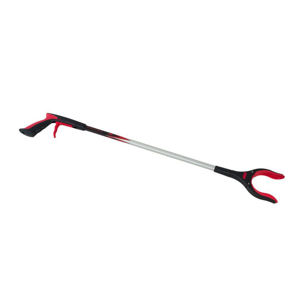 Greifhilfe mit rotem Griff und Greifkopf. Langer, silberfarbener Stiel. Schwarzer Auslöser am Griff.