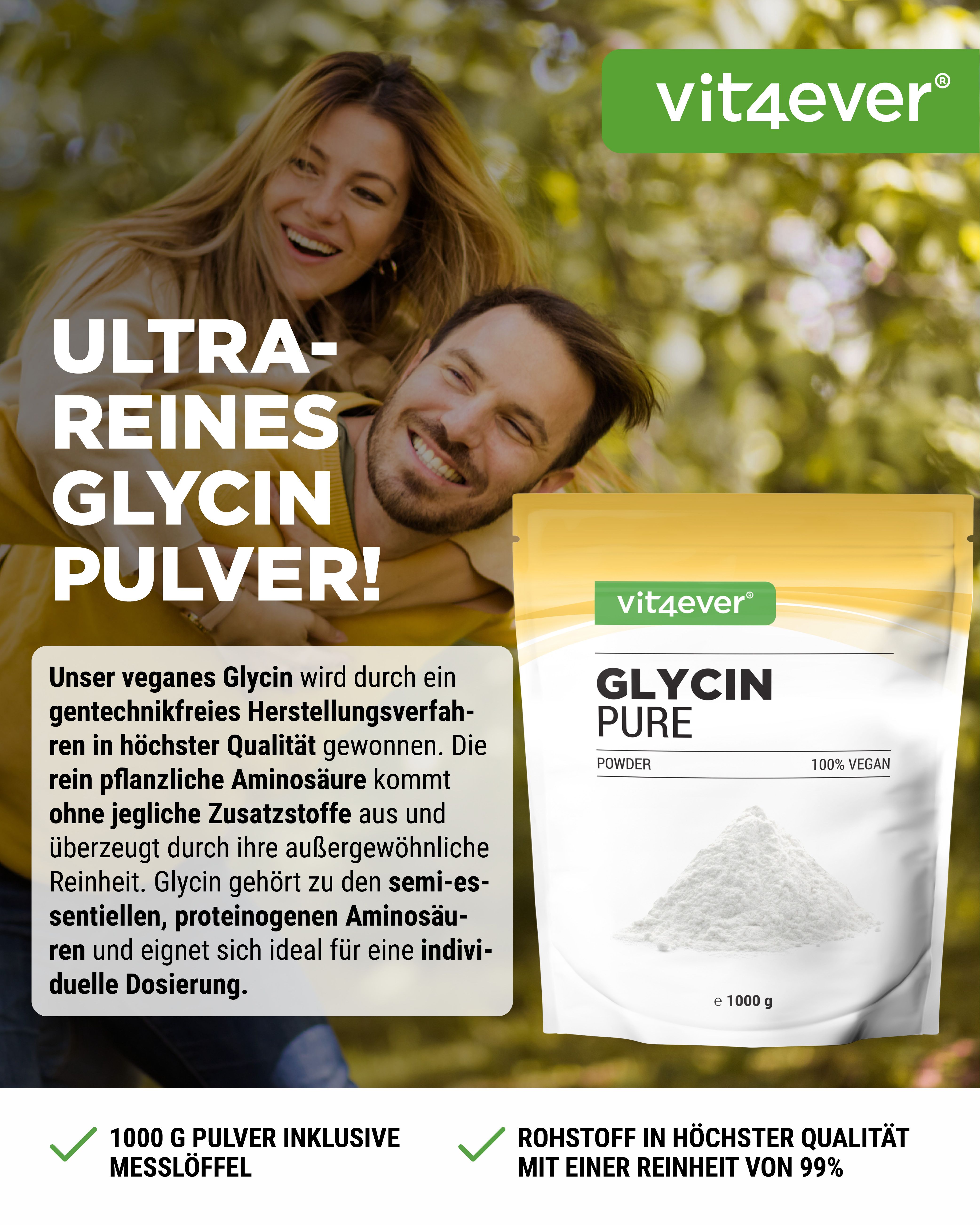 Werbebild mit Personen und Produkt. Produkt: GLYCIN PURE, POWDER, 100% VEGAN. Marke: vit4ever. Text: Ultra-reines Glycin Pulver!