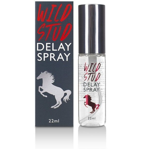 Sprayflasche und Schachtel. Aufschrift "Wild Stud Delay Spray". Roter Pferdekopf. Silberne Kappe. 22ml.