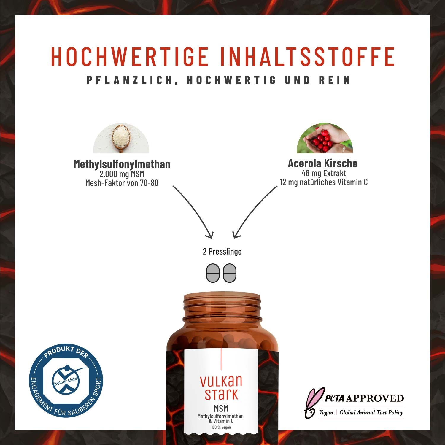 MSM Komplex mit Vitamin C aus Acerola- Methylsulfonylmethan vegan - Vulkanstark Naturtreu® 246 g Tabletten