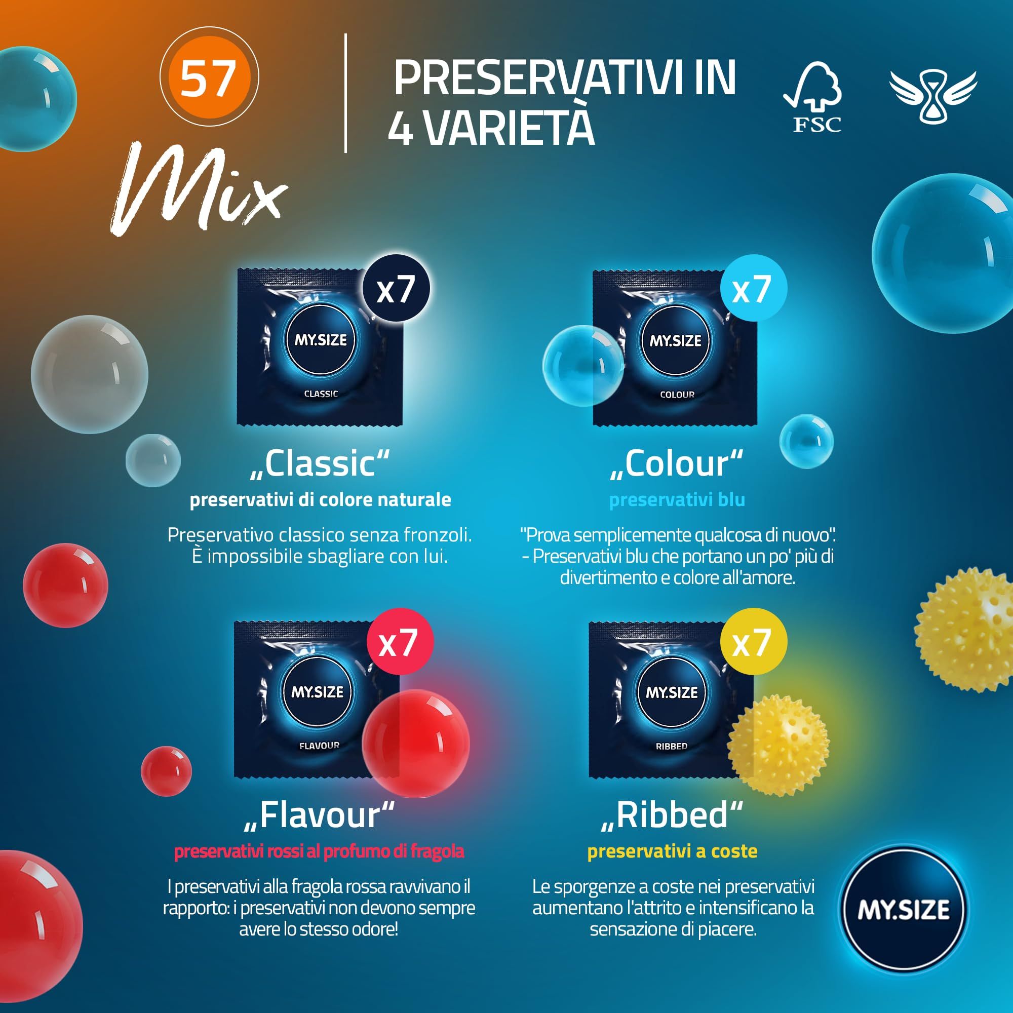 MY.SIZE Mix Kondome: 4 Varianten, Größe 57mm. Classic, Colour, Flavour, Ribbed.