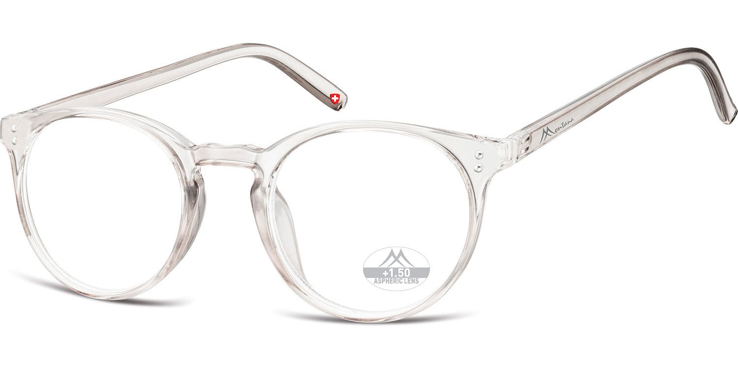Brille mit transparentem Rahmen und runden Gläsern. Am Bügel rotes Detail. Logo auf dem Glas.
