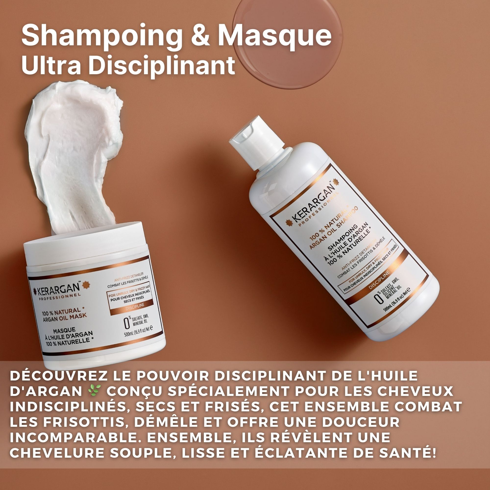 Shampooing et masque à l'huile d'argan. Deux contenants blancs. Texte : Kerargan, 100% naturel. Pour cheveux indisciplinés, secs.