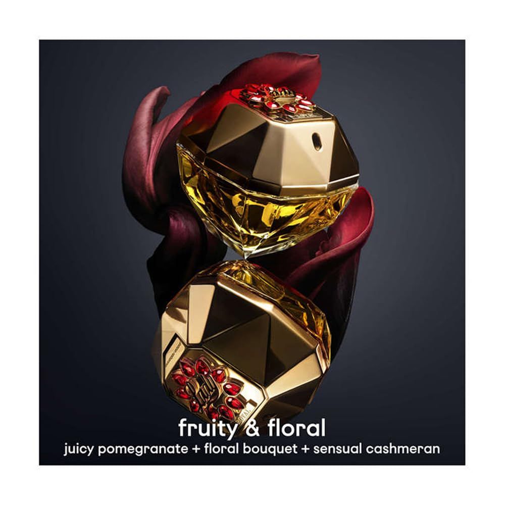 Zwei goldfarbene Flakons mit rotem Schmuck. Text: "fruity & floral".