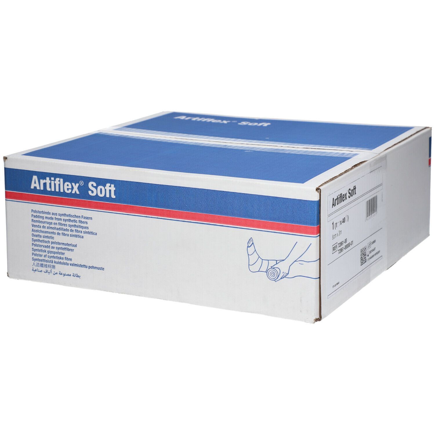 Karton mit Artiflex Soft. Blau-weiße Verpackung mit Produktnamen. Illustration einer Bandagierung.