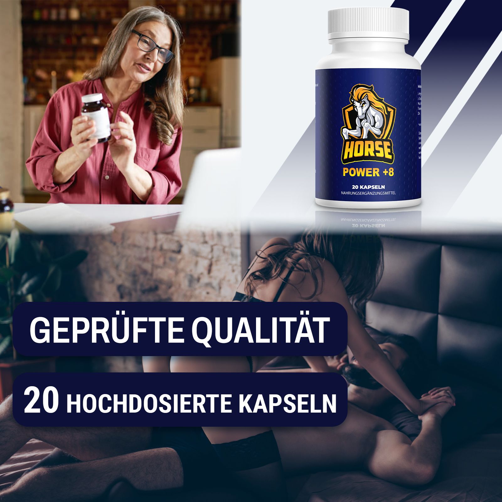 Flasche "HORSE POWER +8" mit 20 Kapseln. Hintergrund: Frau mit Flasche, Paare. Text: "Geprüfte Qualität", "20 hochdosierte Kapseln".