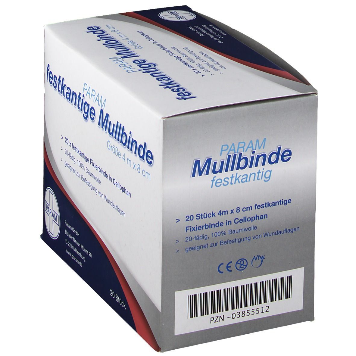 PARAM Mullbinde, festkantige Fixierbinde in Cellophan. Größe 4 m x 8 cm. Verpackung mit Produktinformationen und Logo. 20 Stück.