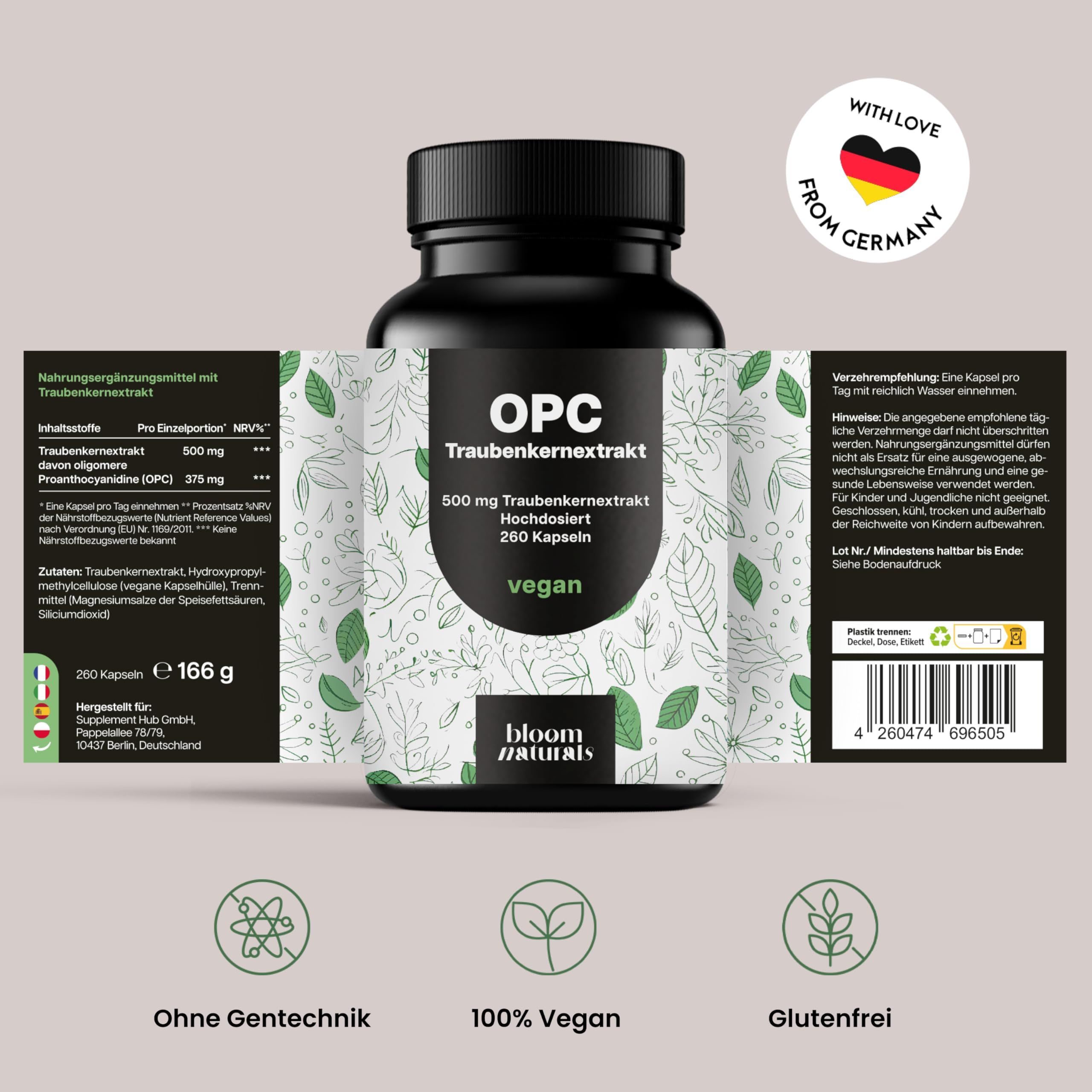 Flasche mit OPC Traubenkernextrakt Kapseln. Etiketten mit Produktinformationen. Logo "Bloom Naturals".