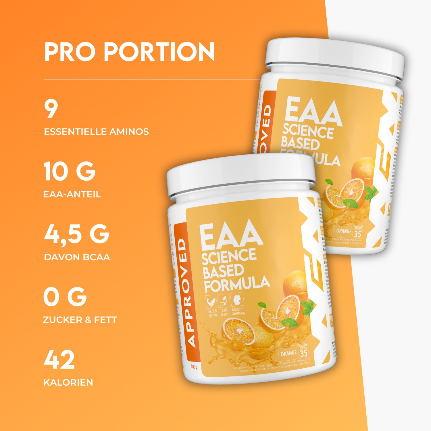 Zwei weiße Produktgläser mit gelben Etiketten. Aufschrift: EAA Science Based Formula. Abbildung von Orangen. Text: 9 essentielle Aminos, 10g EAA-Anteil, 4,5g BCAA.