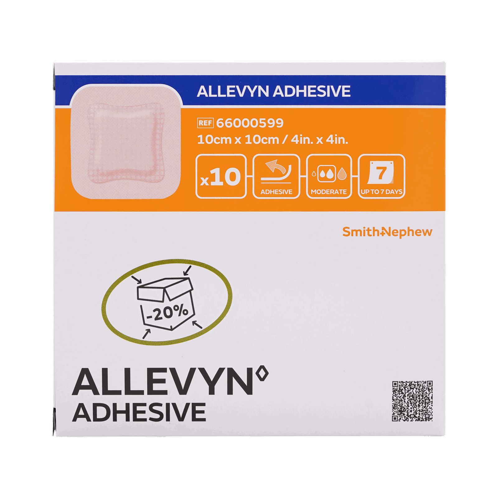 Verpackung mit ALLEVYN ADHESIVE Wundauflagen. Zehn Stück, 10x10cm. Orangefarbener Bereich mit Produktinformationen. Smith+Nephew Logo.