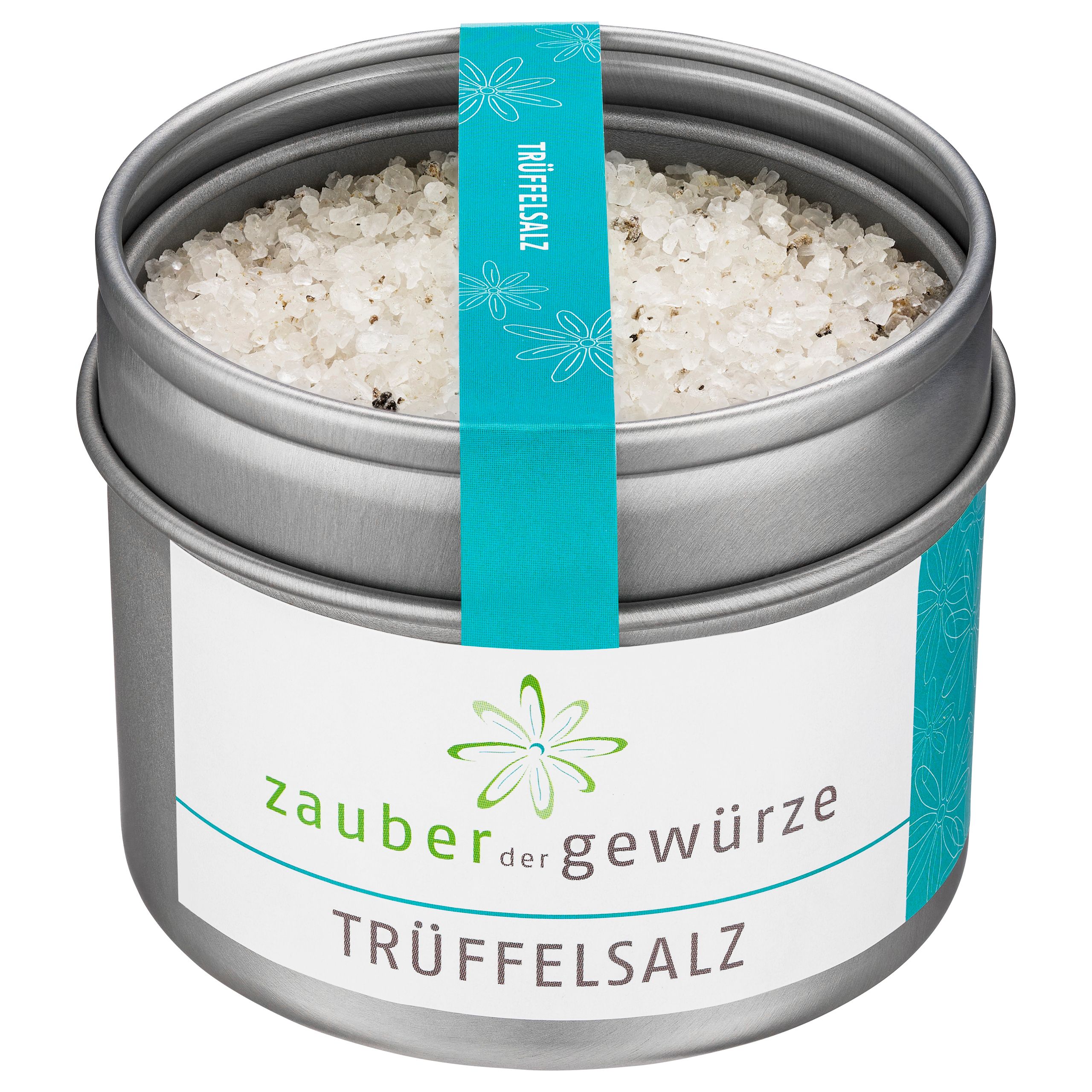 Runde Dose mit Trüffelsalz. Türkisfarbenes Etikett mit Produktnamen und Logo. Deckel geöffnet, Salz sichtbar.