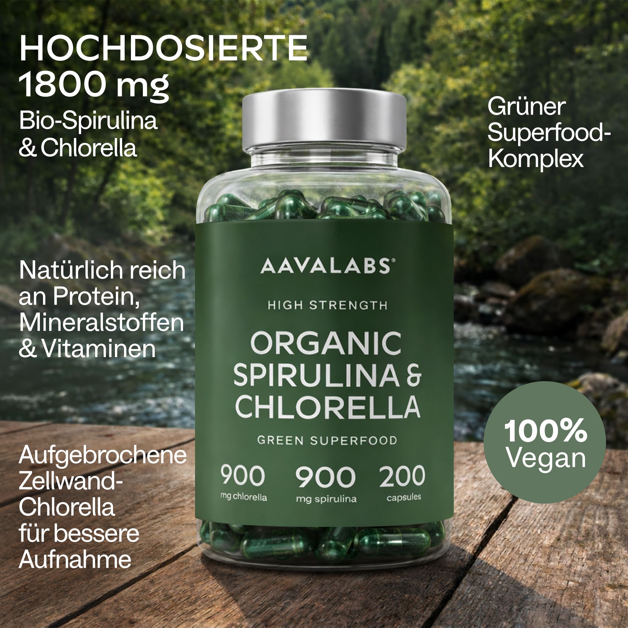 Flasche mit grünen Kapseln vor Naturkulisse, mit Text.