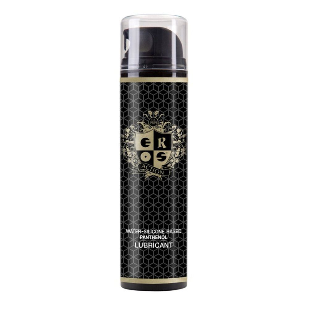 Zylindrische Flasche mit schwarzem Etikett. Aufschrift: EROS ACTION, WATER-SILICONE BASED PANTENOL LUBRICANT. Transparenter Pumpkopf.