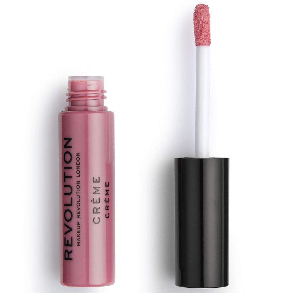 Rosa Creme-Lippenstift-Fläschchen mit geöffnetem Deckel und Applikator. Aufschrift: REVOLUTION LONDON, CRÈME.