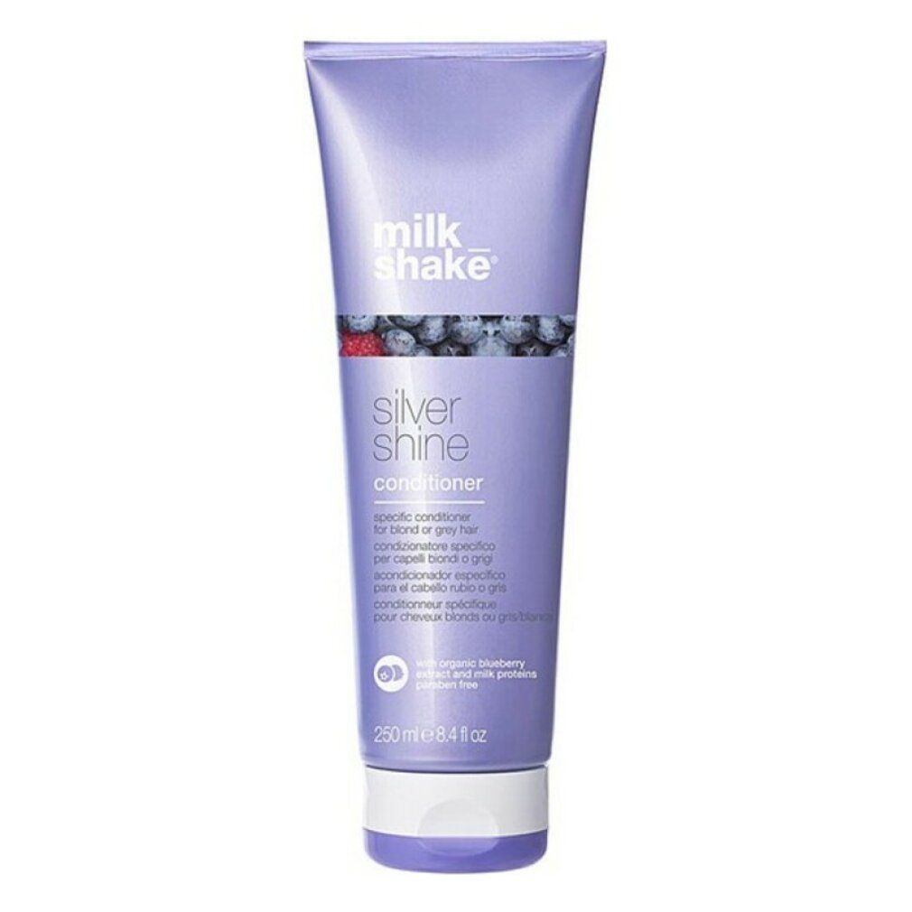 Lila Tube mit "milk shake" und "Silver Shine Conditioner" Aufschrift. Enthält 250 ml. Mit Blaubeeren-Motiv.