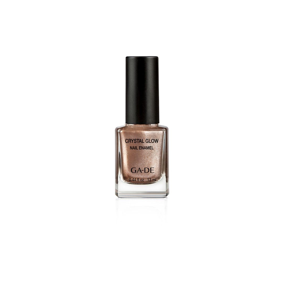 Nagellackflasche mit schwarzem Deckel. Aufschrift: Crystal Glow Nail Enamel, GA-DE.