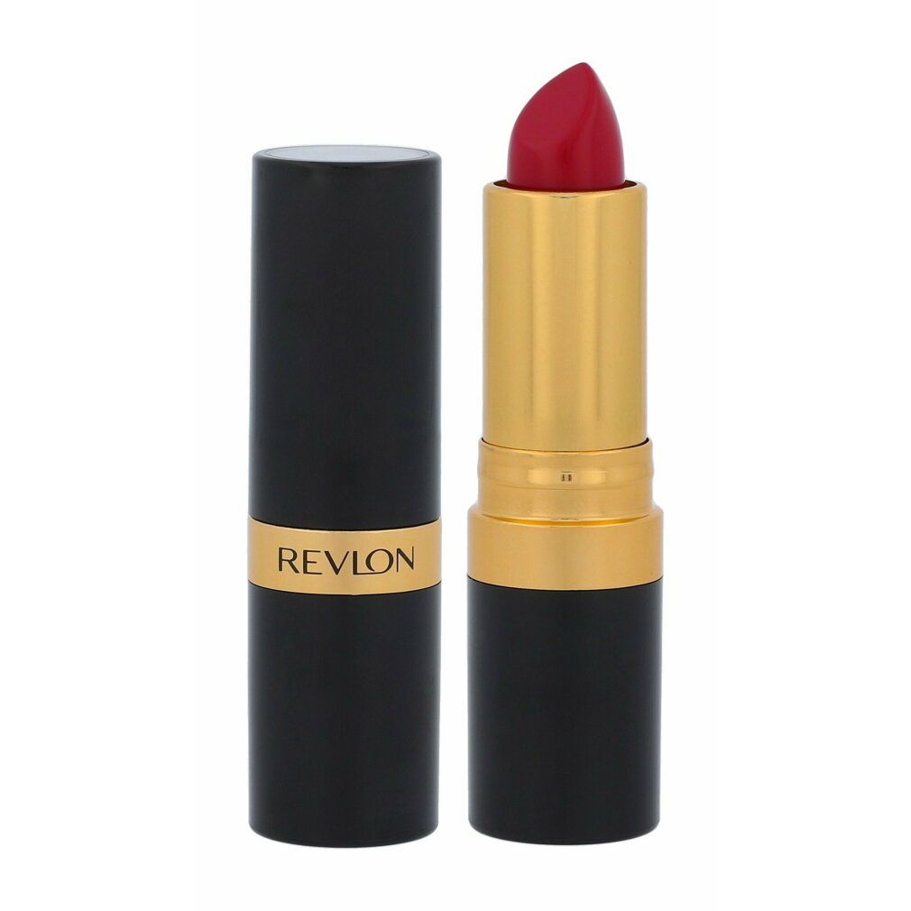 Lippenstift mit geöffneter schwarzer Hülle. Goldfarbener Schaft mit roter Spitze und REVON-Schriftzug.