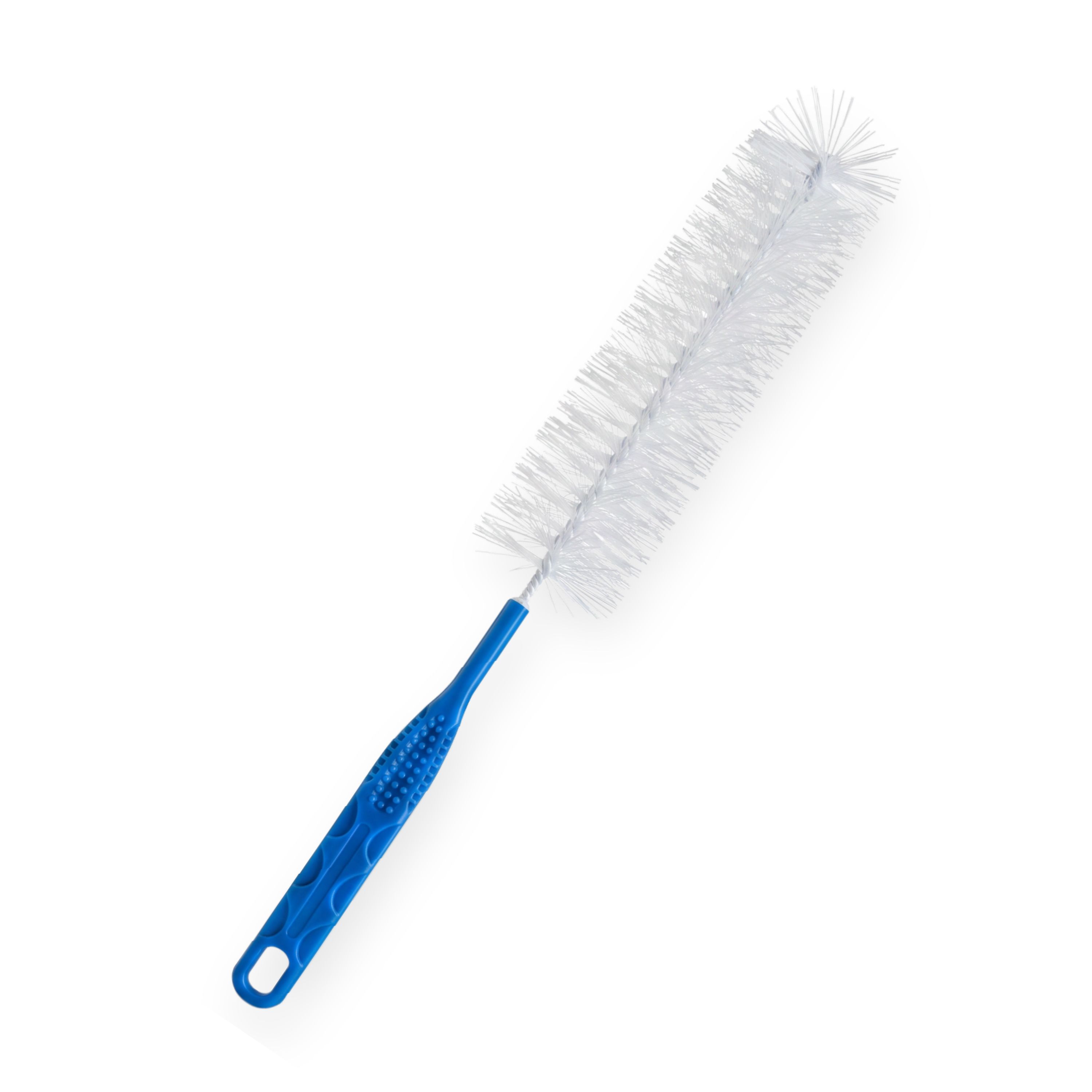 Blaue Reinigungsbürste mit weißem Borstenkopf und langem Griff.