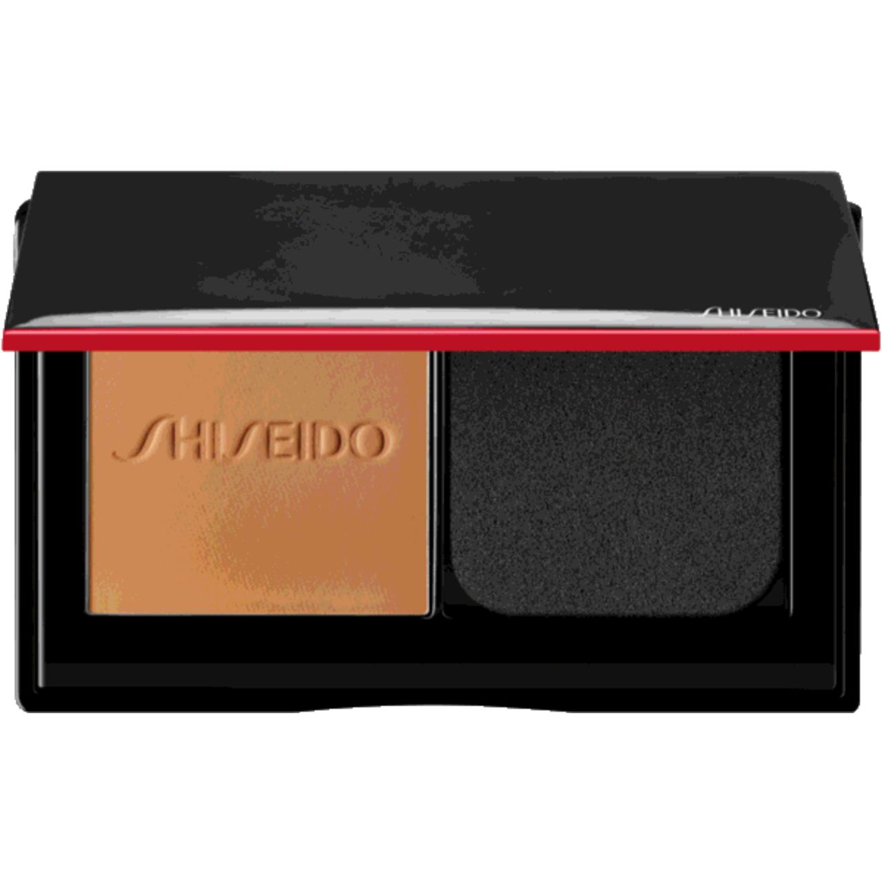 Kompakt-Puder-Foundation mit Schwamm-Applikator. Schwarzes Gehäuse mit rotem Akzent und Markenlogo.