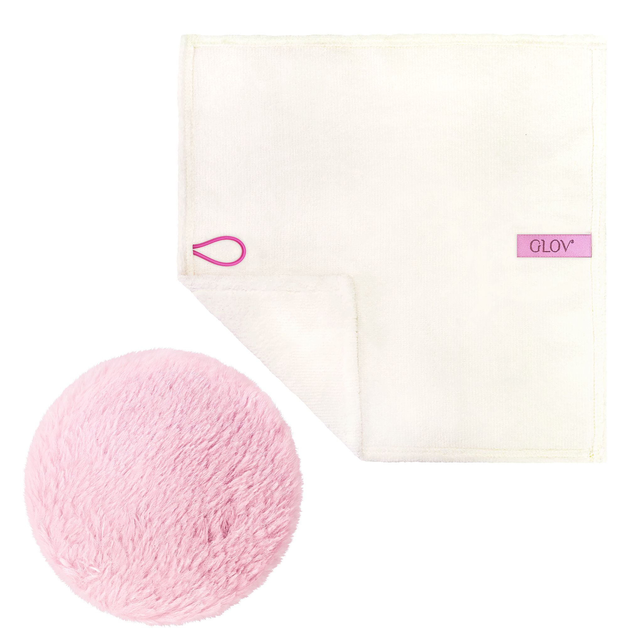 Ein rosa Wattepad und ein weißes Tuch mit GLOW-Logo.