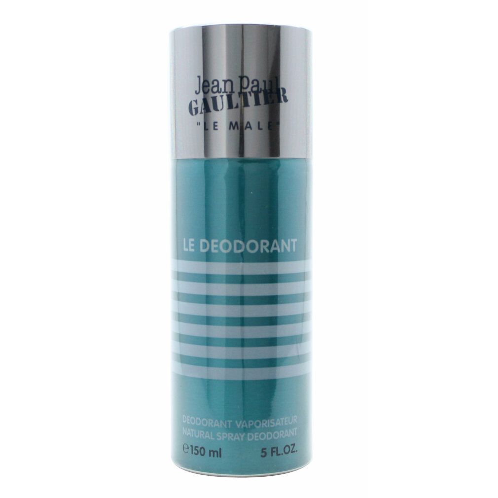 Türkisfarbene Deodorant-Spraydose mit silbernem Deckel. Aufschrift: Jean Paul Gaultier, Le Male, Le Deodorant. 150 ml.