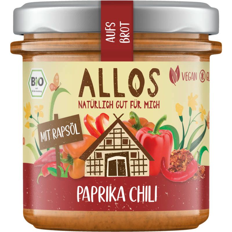 Glas mit Aufstrich. Aufschrift: ALLOS, Paprika Chili. Mit Rapsöl. Vegan. Bio-Siegel.