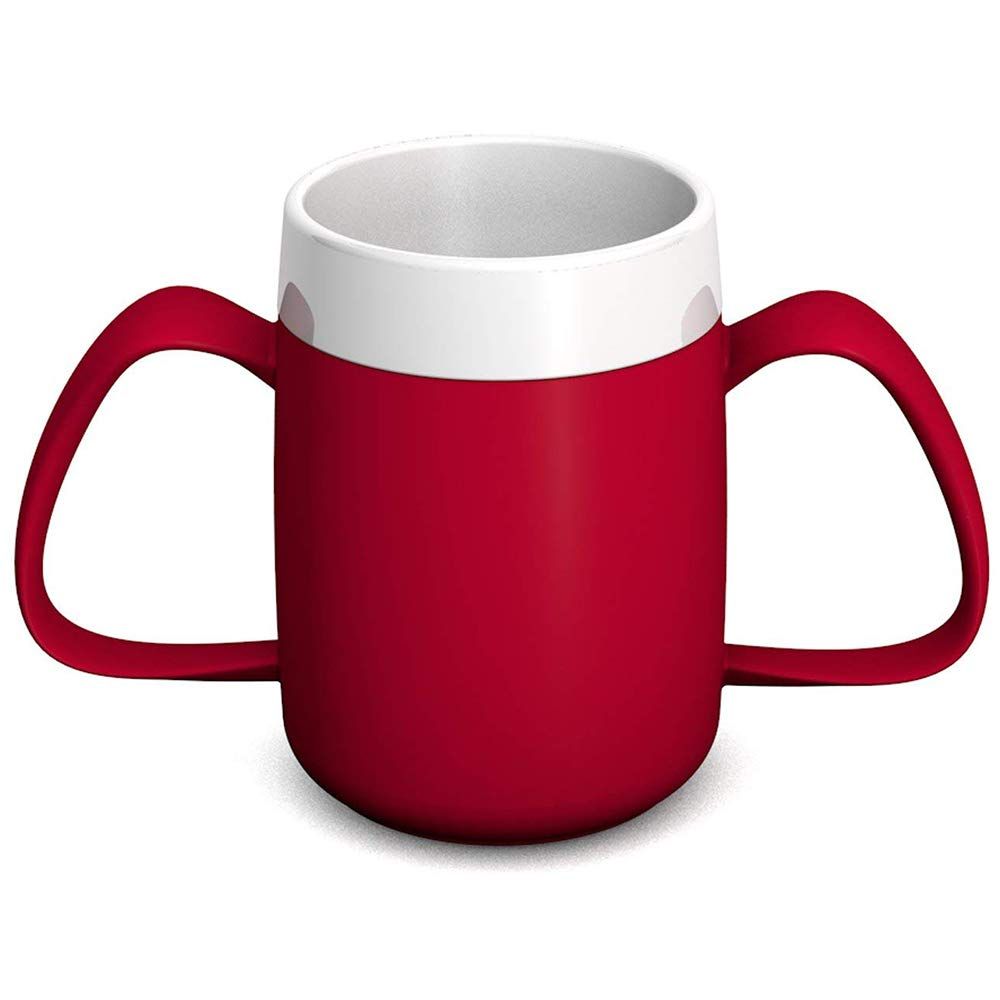 Becher mit zwei Henkeln, rot und weiß. Mit Trinkaufsatz und Deckel.