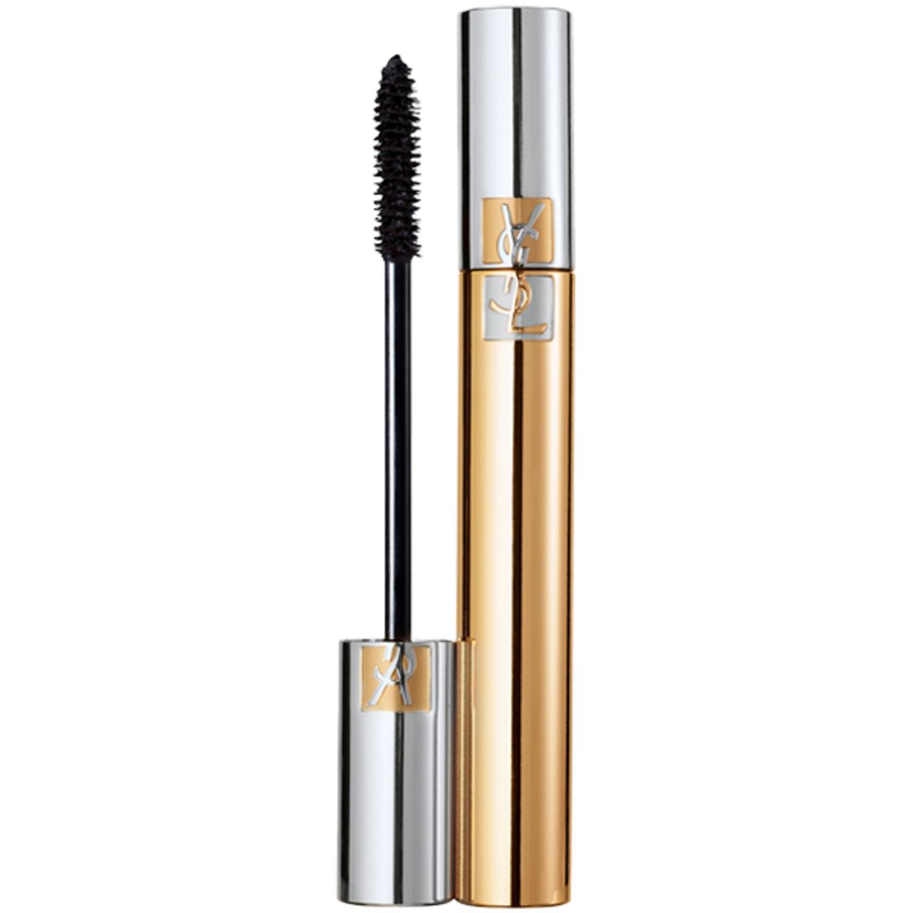 Mascara-Tube mit Bürste. Goldfarbenes Gehäuse, silberne Kappe. Schwarze Mascara-Bürste. YSL-Logo.