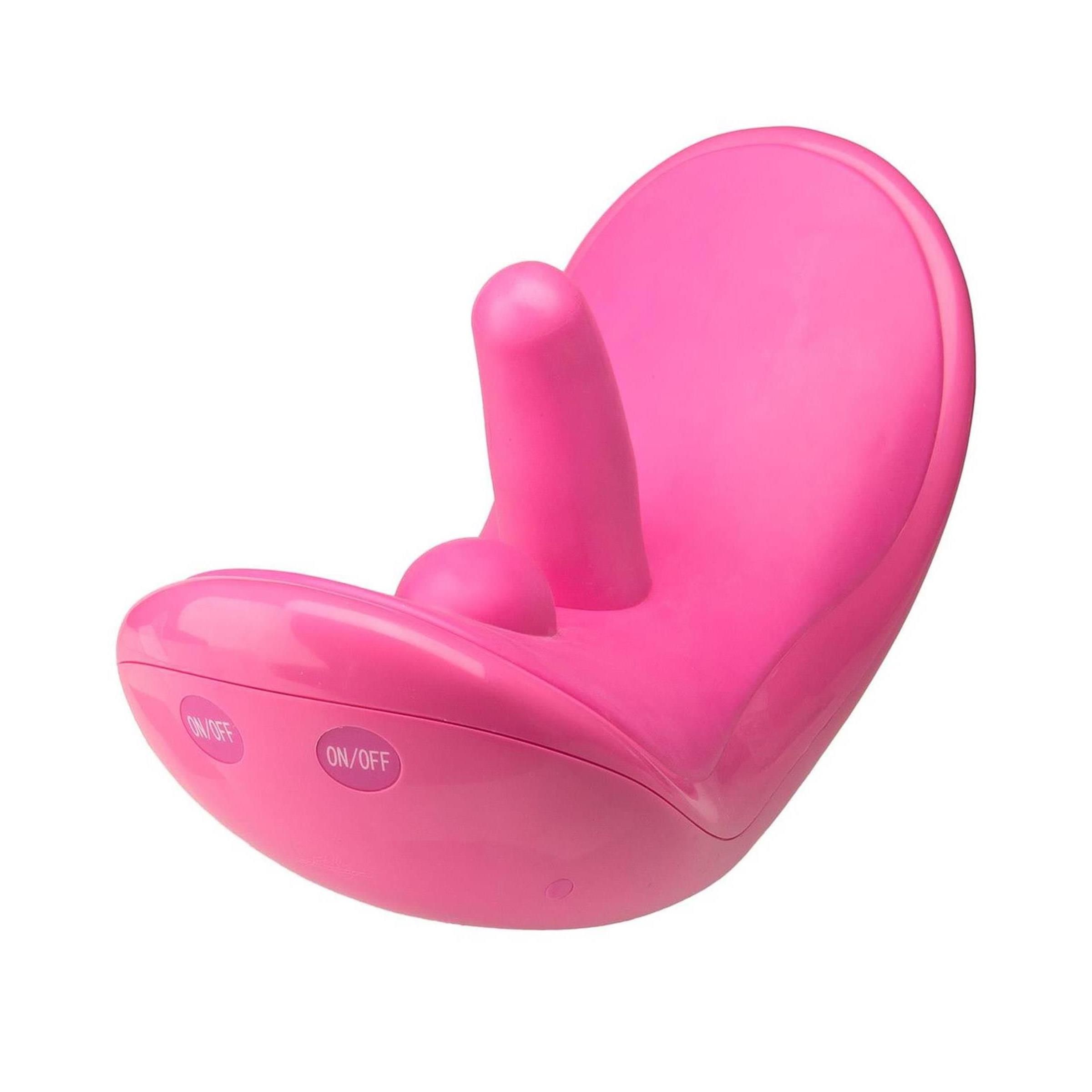 Rosa Vibrator mit zwei Erhebungen. Abgerundete Form mit ON/OFF-Knopf. Glatte Oberfläche.