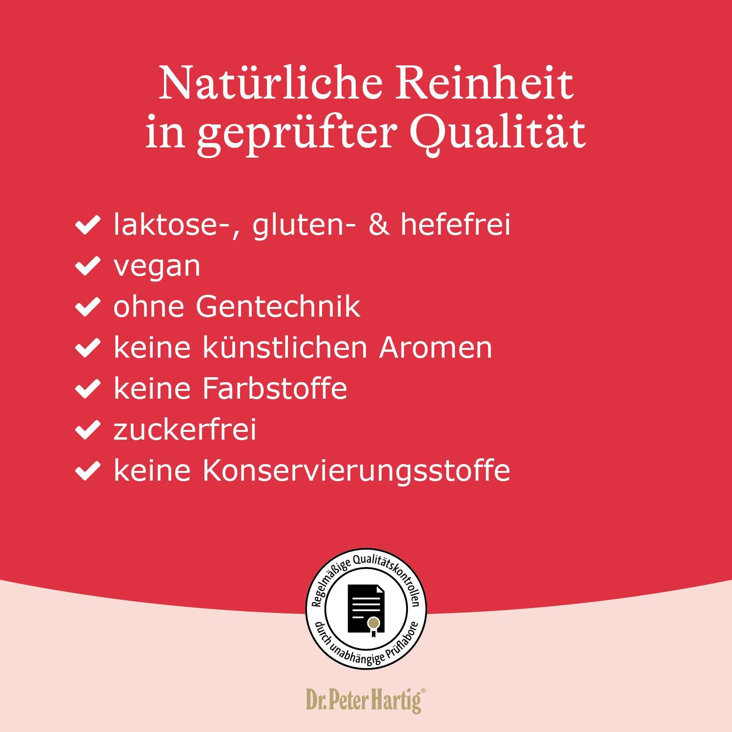 Roter Hintergrund mit Text. Auflistung von Eigenschaften: laktose-, gluten- & hefefrei, vegan, ohne Gentechnik etc.