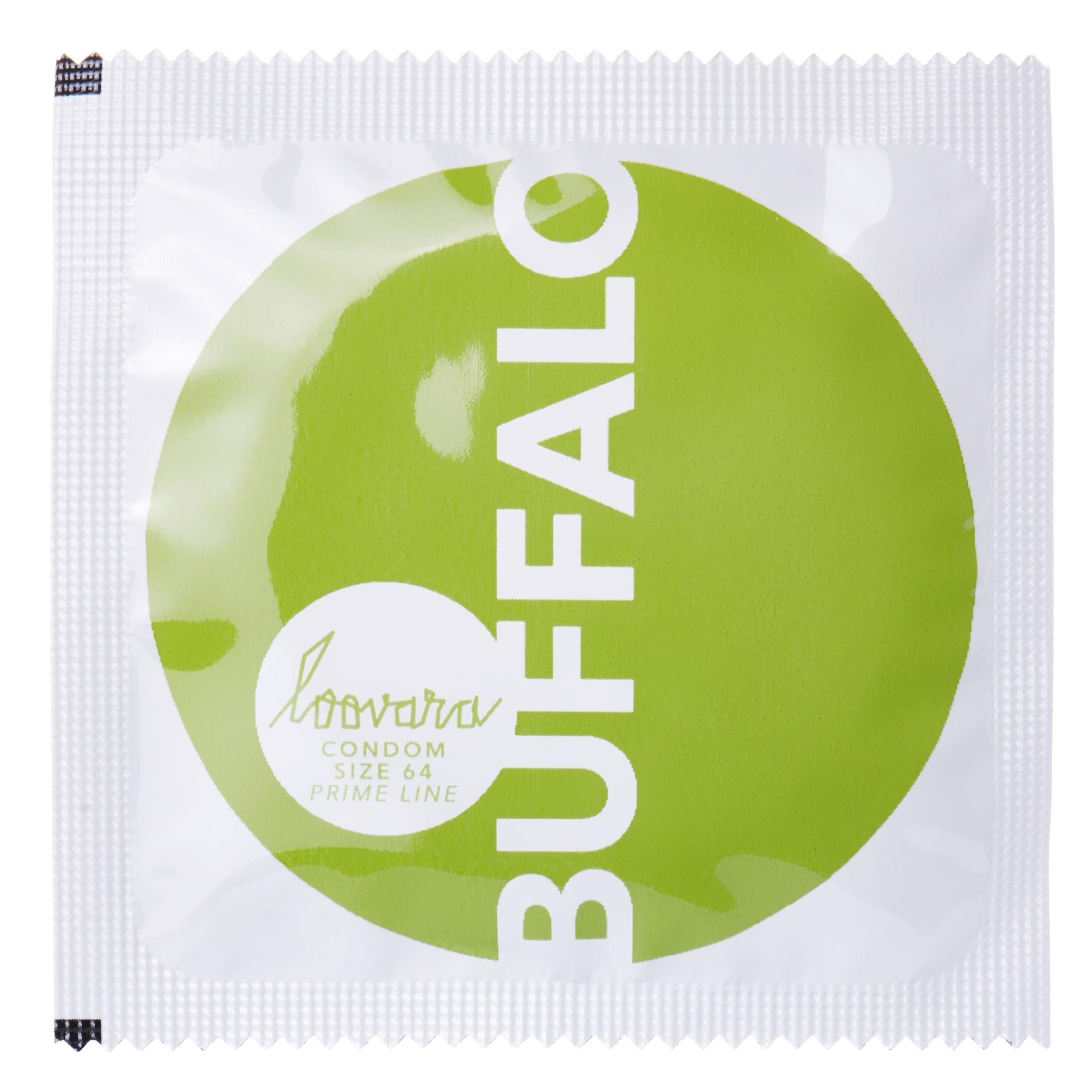 Einzelne Kondomverpackung mit grünem Kreis und "BUFFALO"-Schriftzug. "Loovara" ist sichtbar.
