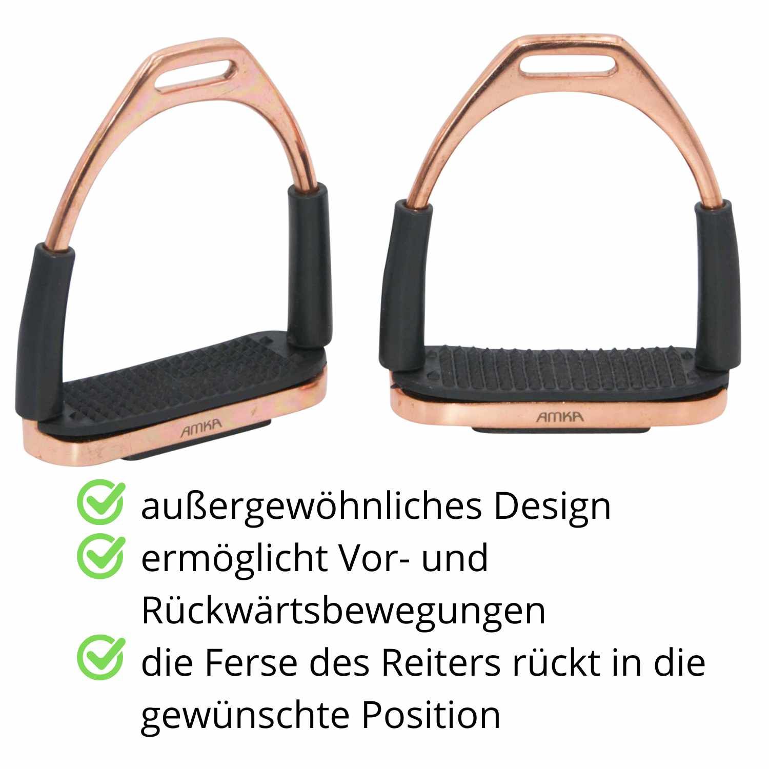 Zwei AMKA Steigbügel mit Gelenk. Roségoldfarben, schwarze Gummielemente, geriffelte Trittfläche. Text: außergewöhnliches Design.