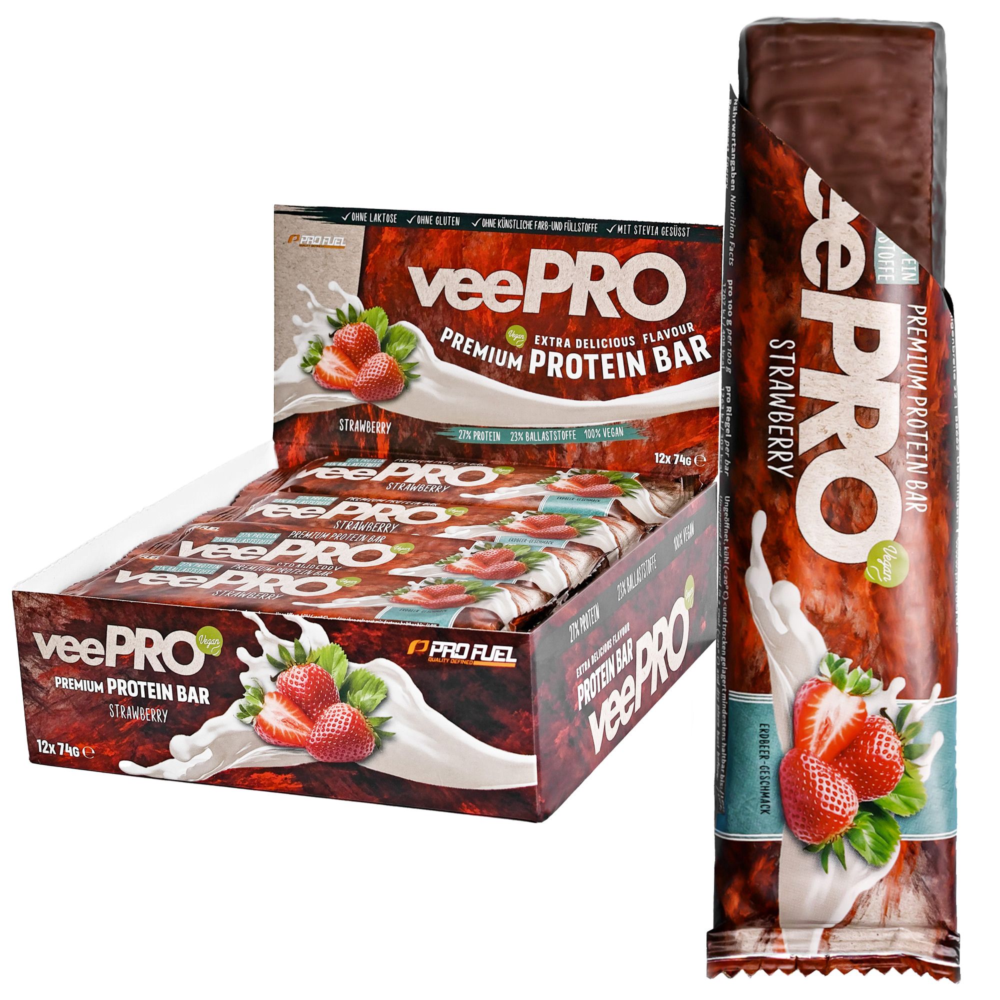 ProFuel - veePRO Proteinriegel - Erdbeere - 27% Protein, ballaststoffreich, zuckerarm & 100% vegan