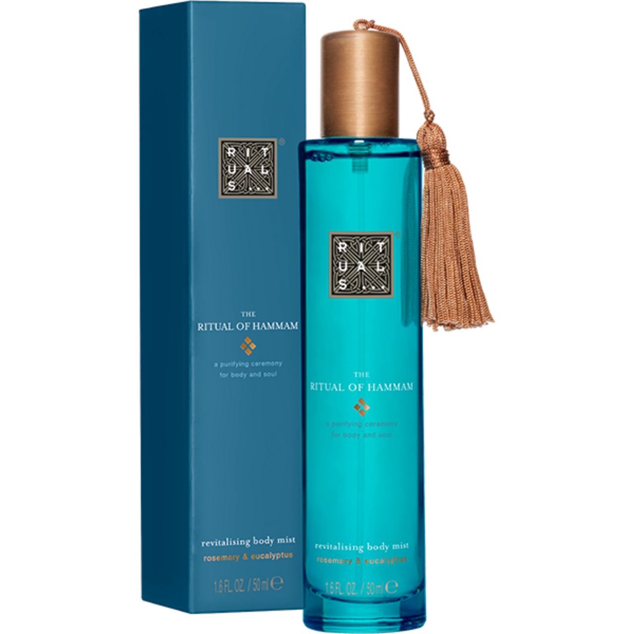 Türkisgrüne Flasche neben einer blauen Verpackung. Aufschrift: Rituals, The Ritual of Hammam, Revitalizing Body Mist.