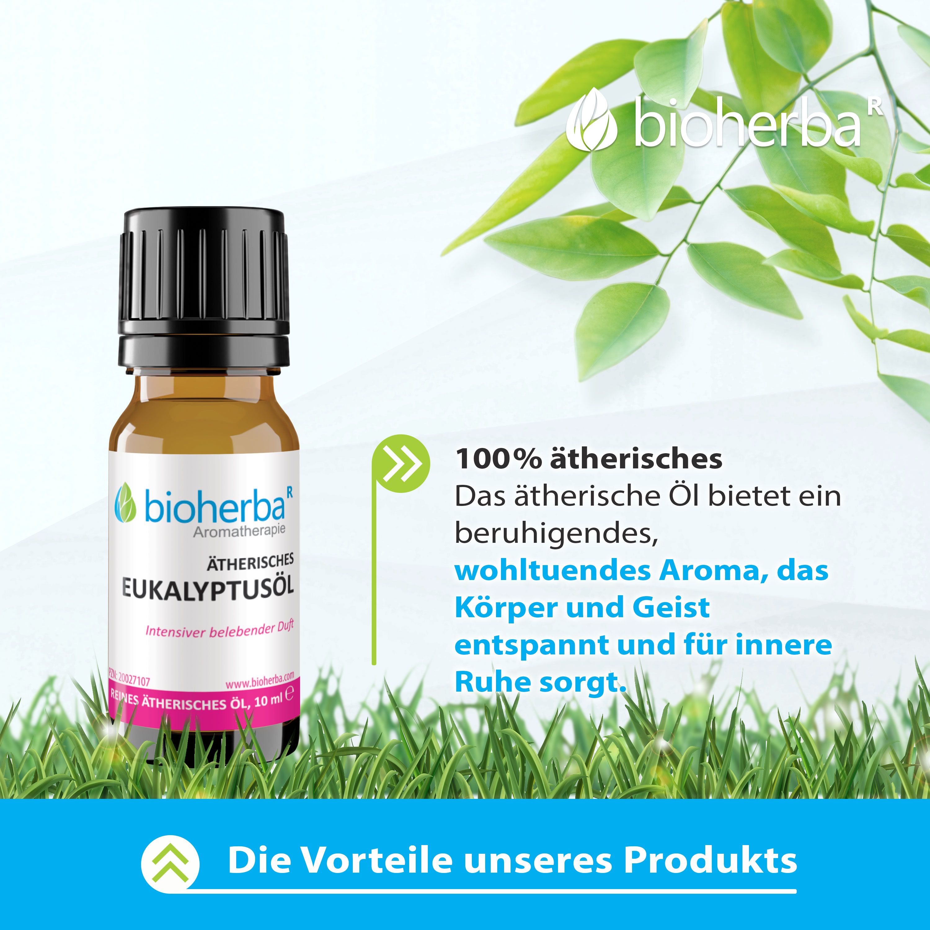 Braune Glasflasche mit schwarzem Deckel und Etikett, umgeben von grünen Blättern. Text: 100% ätherisch, Vorteile des Produkts.