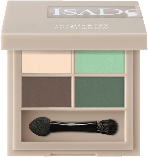 IsaDora The Quartet Lidschatten-Palette. Vier Farbtöne, Applikator enthalten. Beige Verpackung. Text: Eyeshadow.