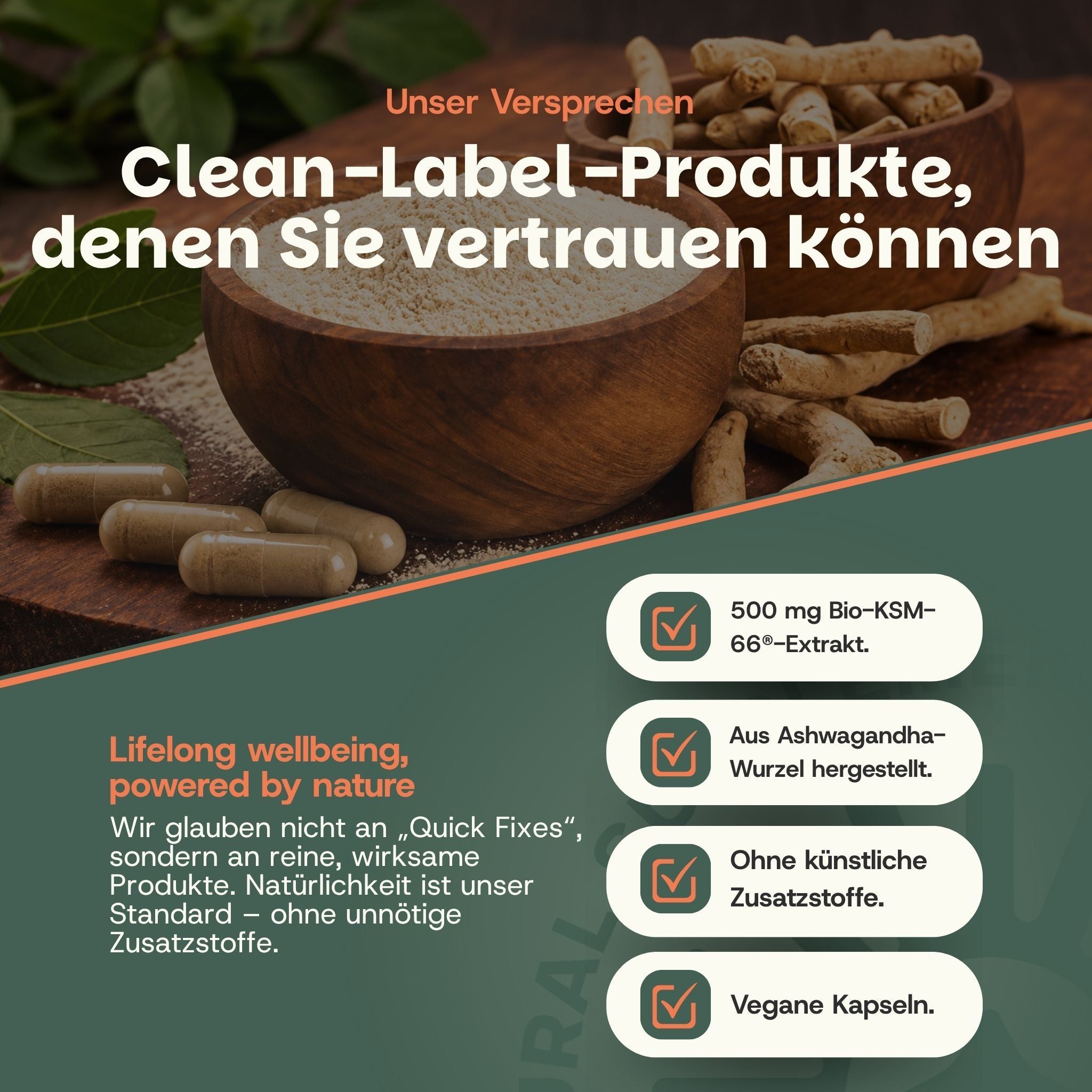 Zutatenübersicht: Bio-Ashwagandha-KSM-66 Extrakt 500 mg, davon Withanolide 25 mg. HPMC-Kapsel.