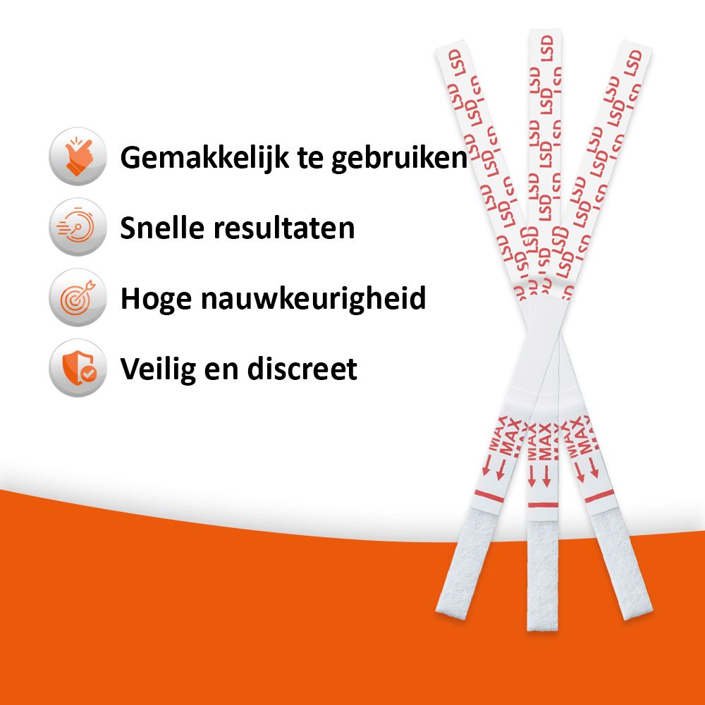 Meerdere verpakte drugstests en een handleiding. Opschrift: Gedetailleerde instructies.