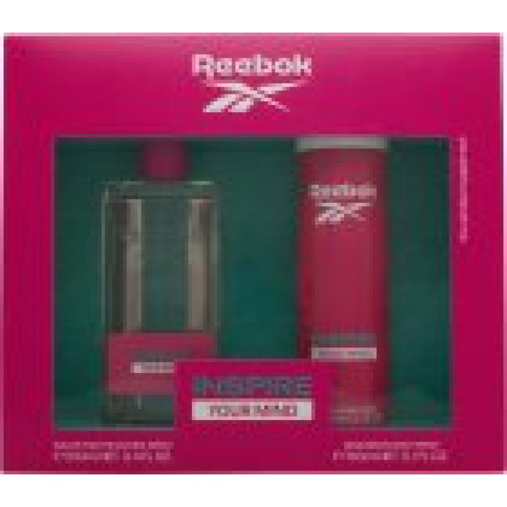 Geschenkset mit zwei Produkten: Flakon und Spraydose. Pinkfarbene Verpackung mit Reebok-Logo. Aufschrift: INSPIRE YOUR MIND.