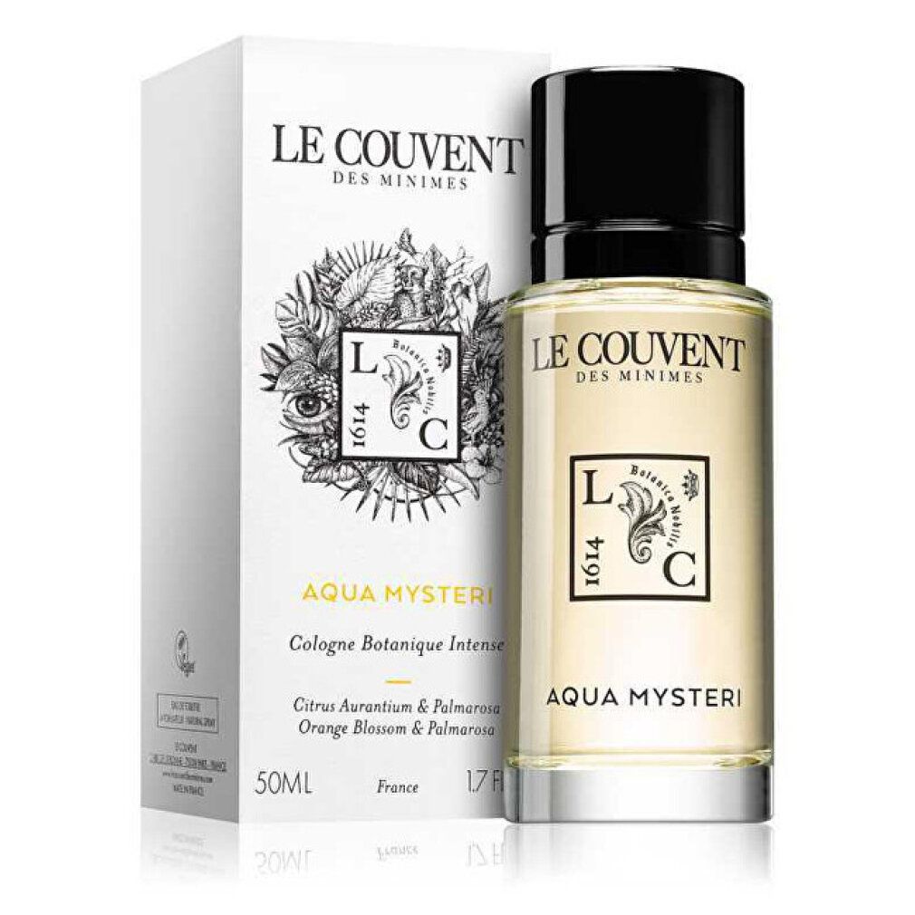 Flakon und Verpackung. Aufschrift: LE COUVENT des MINIMES, AQUA MYSTERI. Logo mit LC und 1614. Verpackung mit Inhaltsangaben.