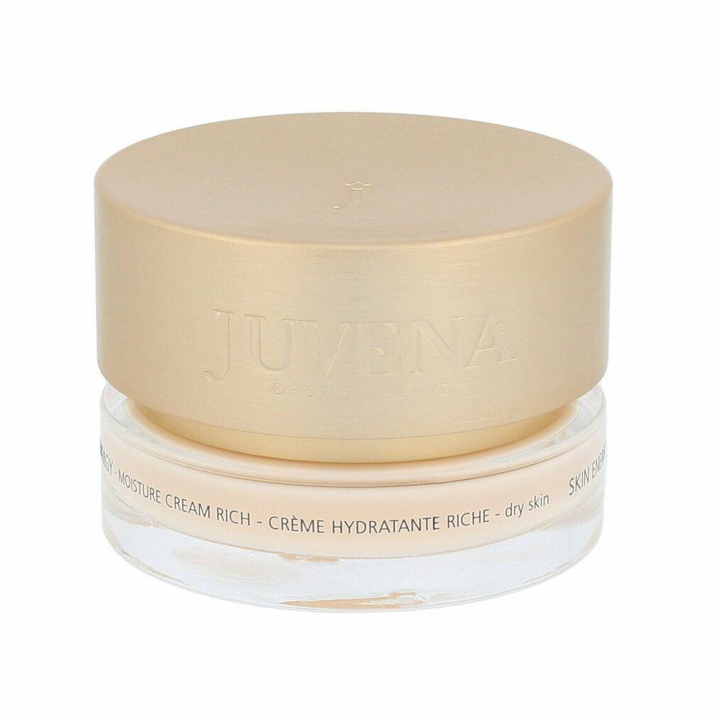 Creme-Tiegel mit goldfarbenem Deckel. Aufschrift: Juvena, Skin Energy, Moisture Cream Rich. Glasbehälter.