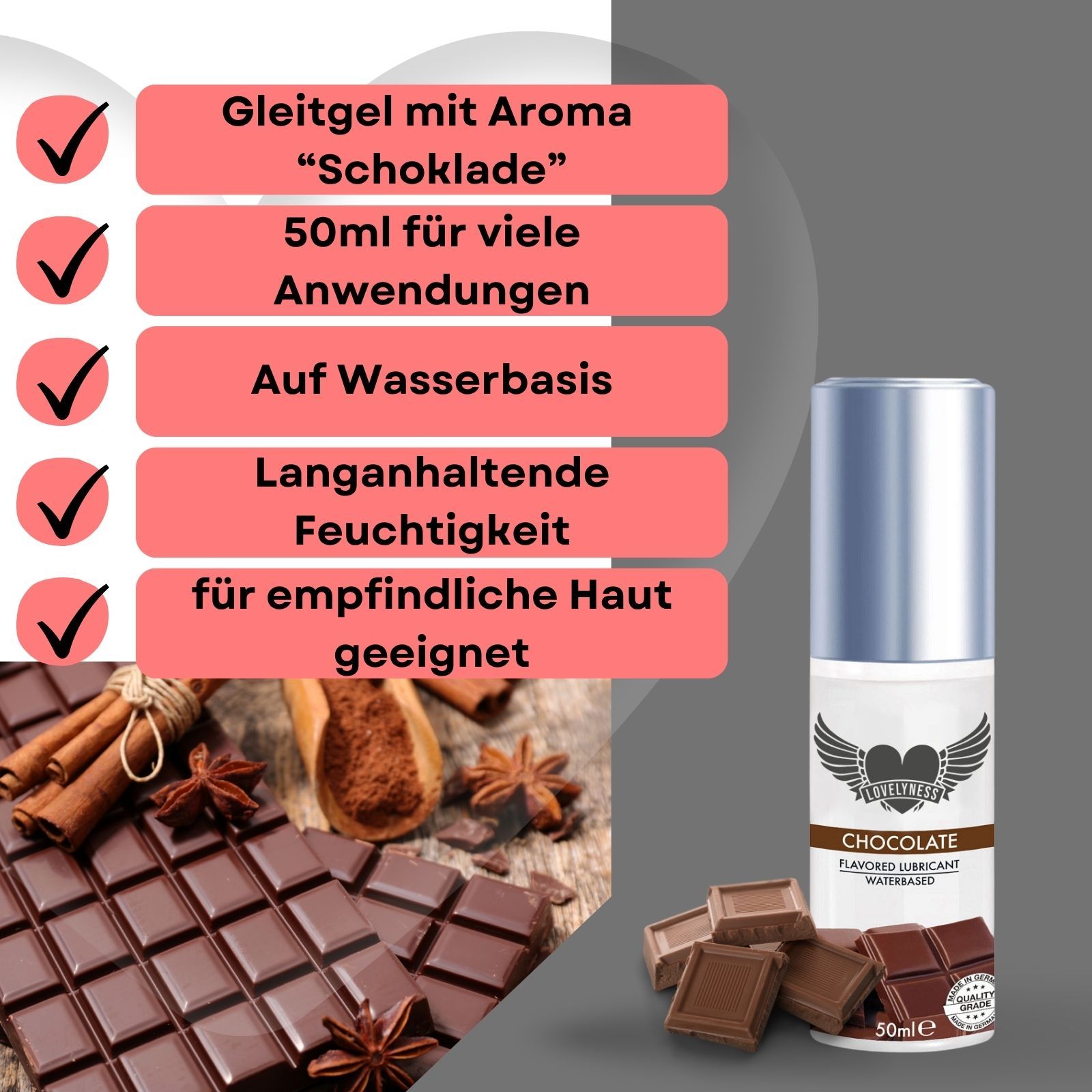 Gleitgel mit Schokoladenaroma. 50ml. Auf Wasserbasis. Für empfindliche Haut geeignet. Schokoladen-Produkt.