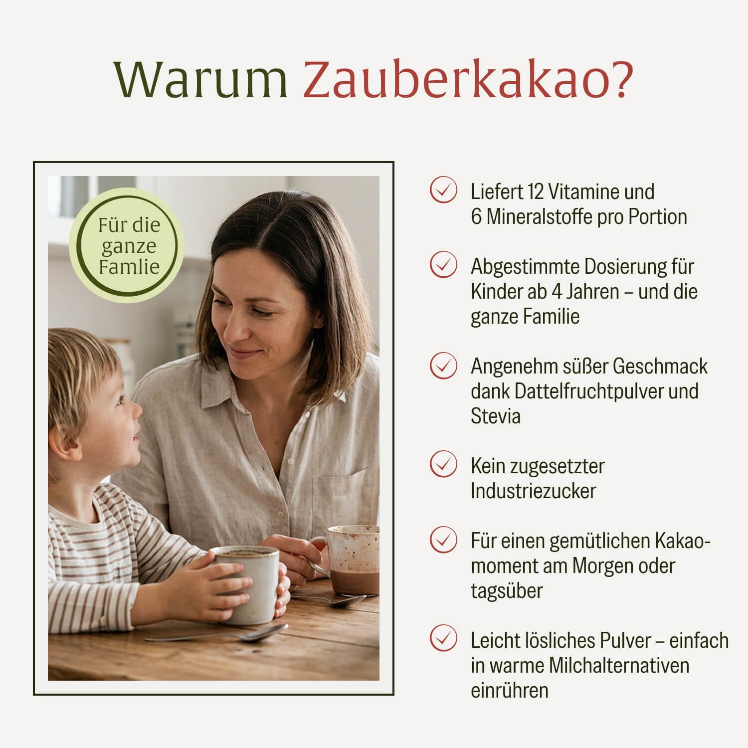Mutter und Kind genießen Kakao. NATURTREU® Zauberkakao für die ganze Familie.
