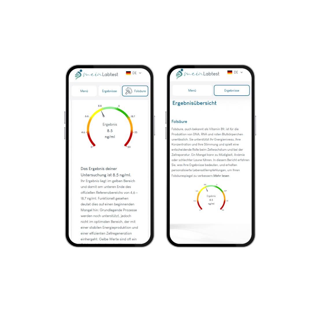 Zwei Smartphones mit Testergebnissen. Ergebnisse auf dem Bildschirm. Meinlabtest-Logo sichtbar.