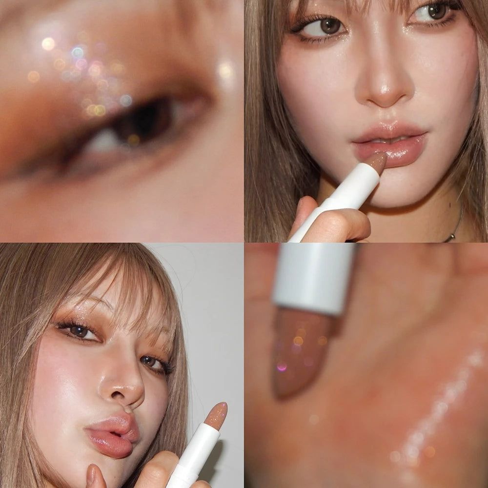 Vier Bilder zeigen Lippen und Augen mit Glitzer. Ein Lippenbalsam wird verwendet. Produkt in weißer Hülle.