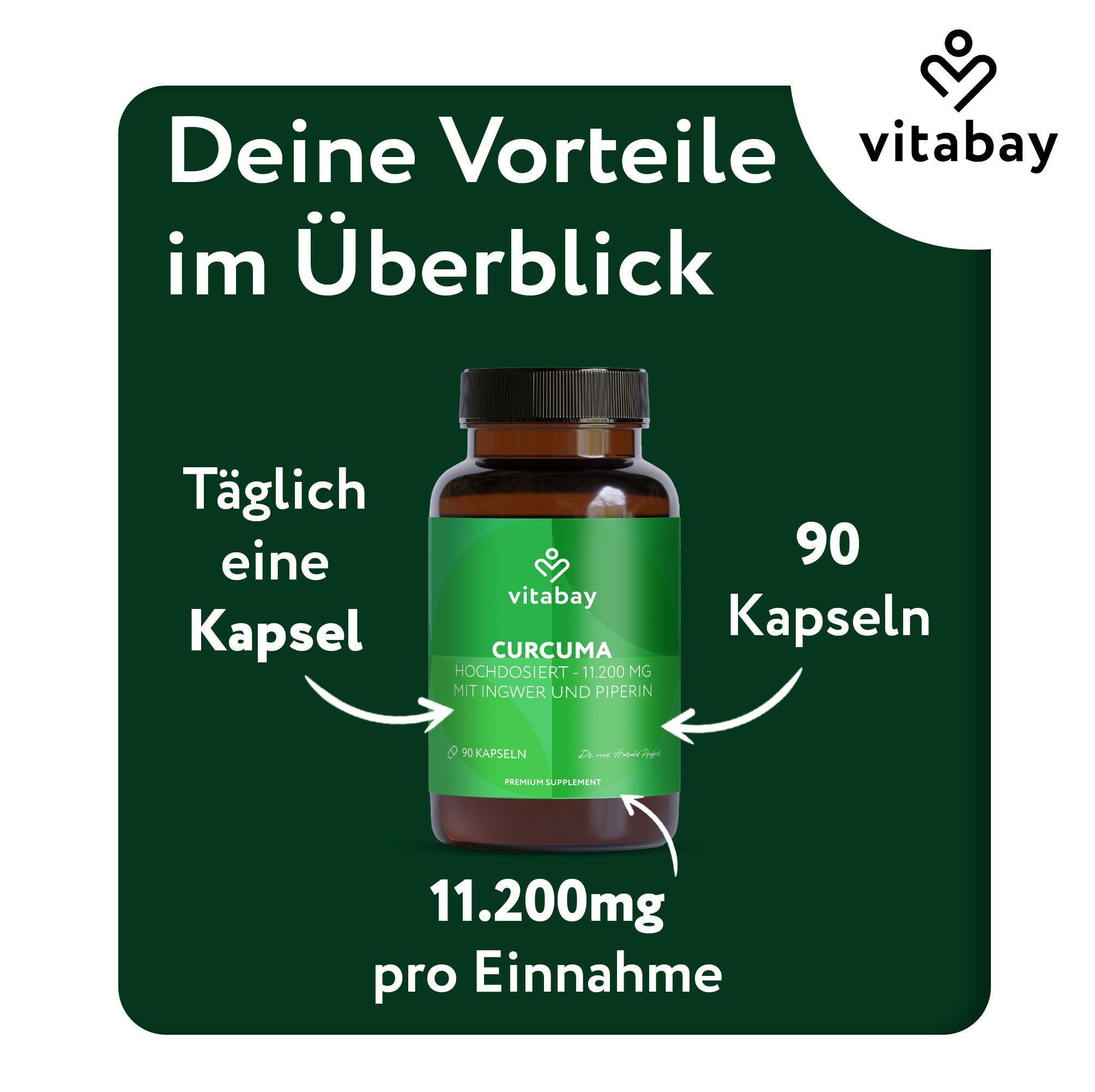 Braune Glasflasche mit grüner Beschriftung. Text: Vitabay Curcuma Extrakt, 90 Kapseln, 11.200mg pro Einnahme. Schwarzer Deckel.