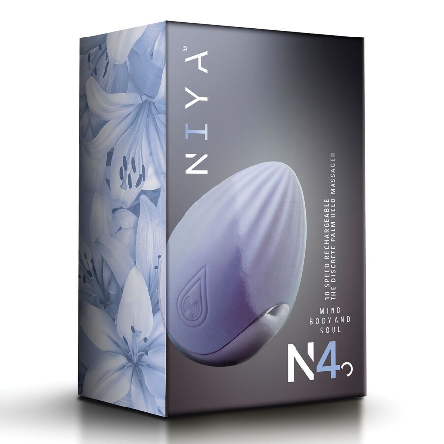 Niya N4-Verpackung mit floralem Muster. Lila Intimmassager-Abbildung. Text: 10 Geschwindigkeiten, Mind Body Soul.
