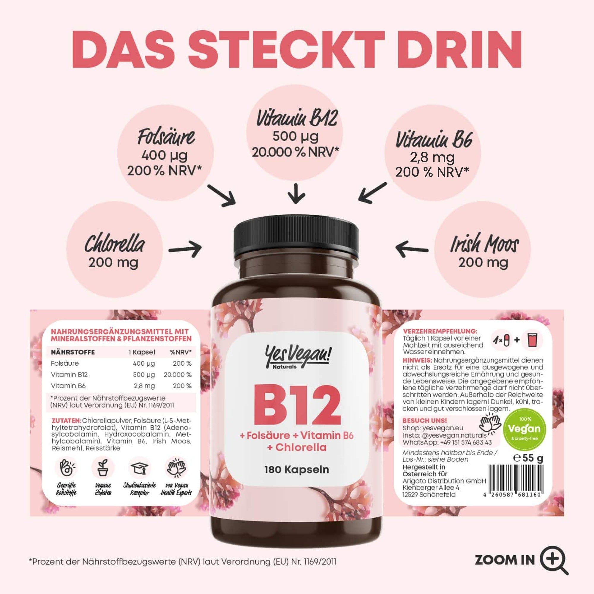 Zwei Flaschen YesVegan! Nahrungsergänzungsmittel: Lions Mane und Vitamin B12 Komplex.