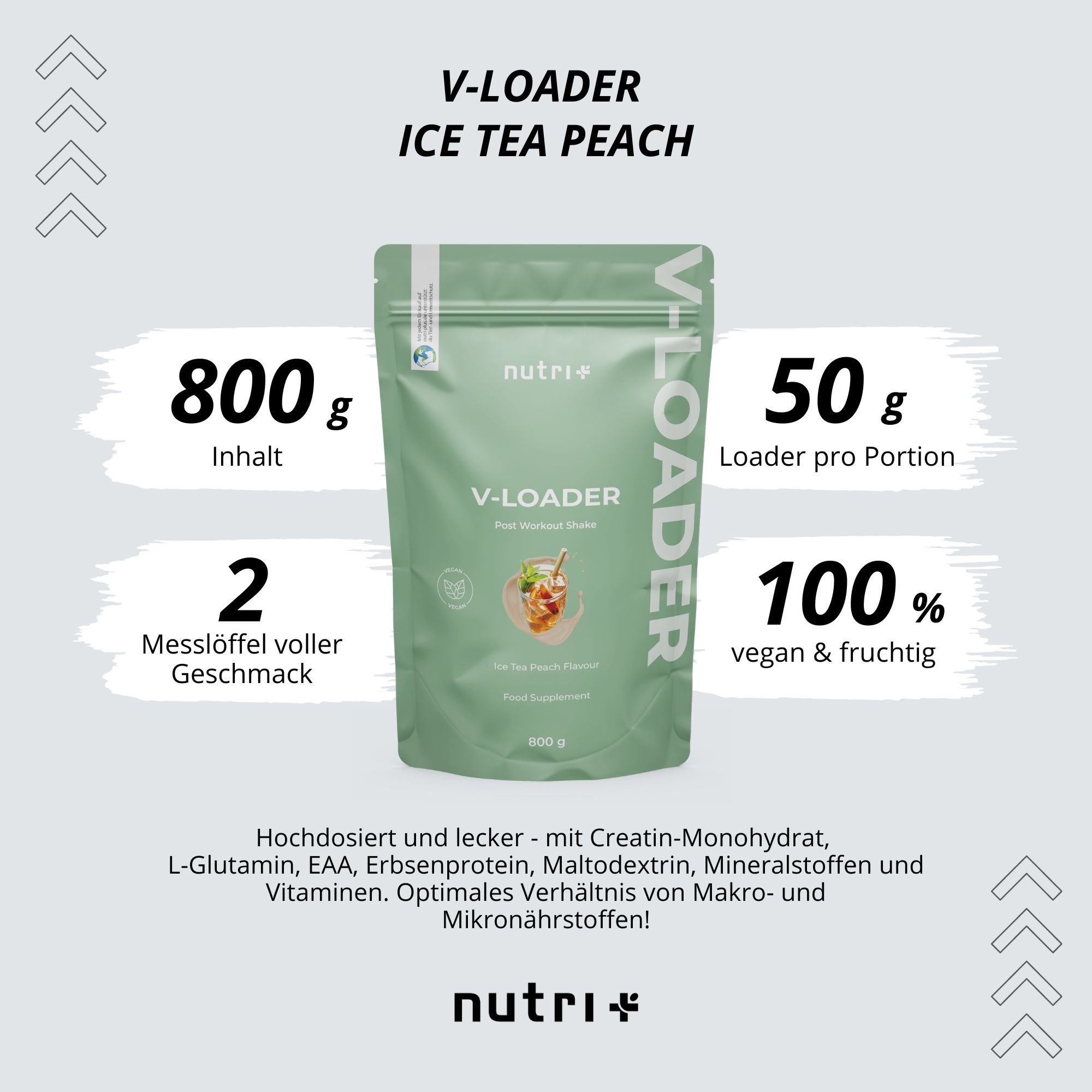 Grüner Beutel "V-LOADER Ice Tea Peach" mit Angaben: 800g Inhalt, 50g pro Portion, 100% vegan.