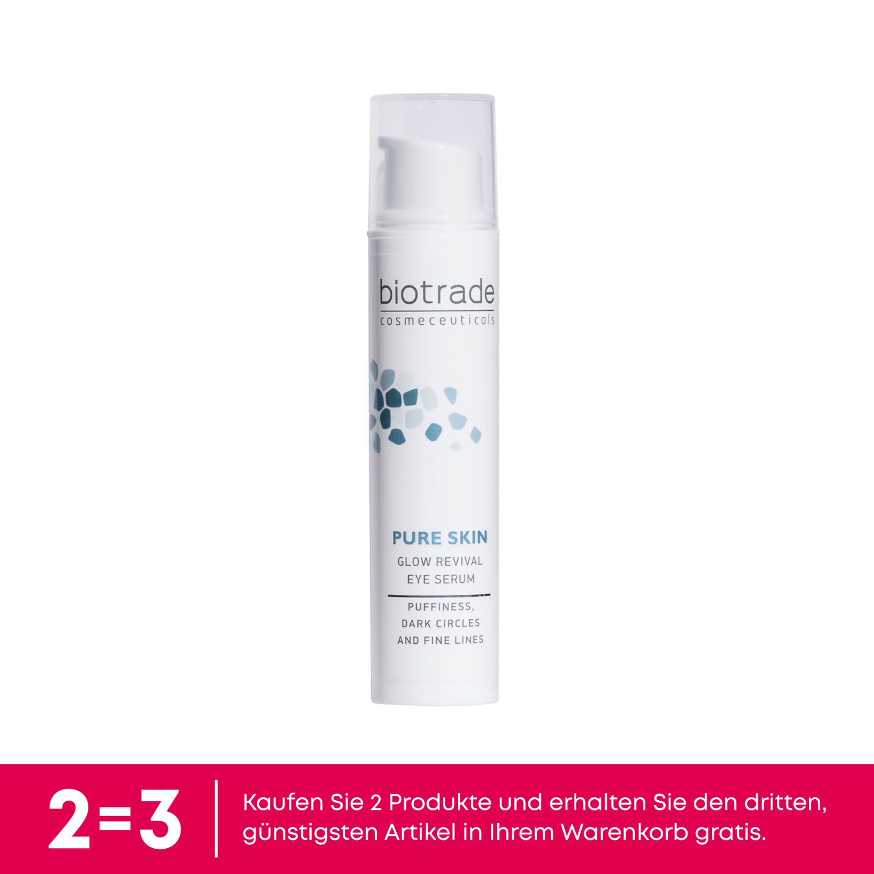 Weißes Biotrade Pure Skin Augencreme-Fläschchen. Aufschrift: Pure Skin Glow Revival Eye Serum. Text: Puffiness, Dark Circles, Fine Lines.